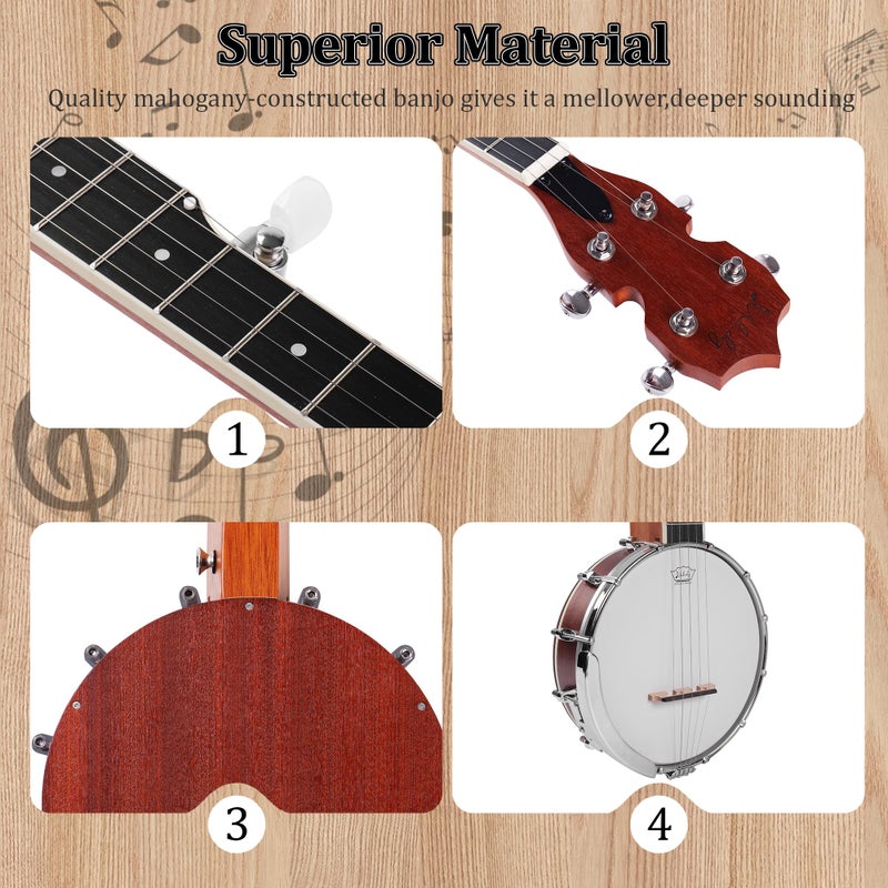 Mulucky 5 String Banjo Mini - Mulucky 26 Inch Travel Banjo Sapele Body Closed Solid Back Beginner Kit With Gig Bag Picks Strings Strap - B806 - Image 3